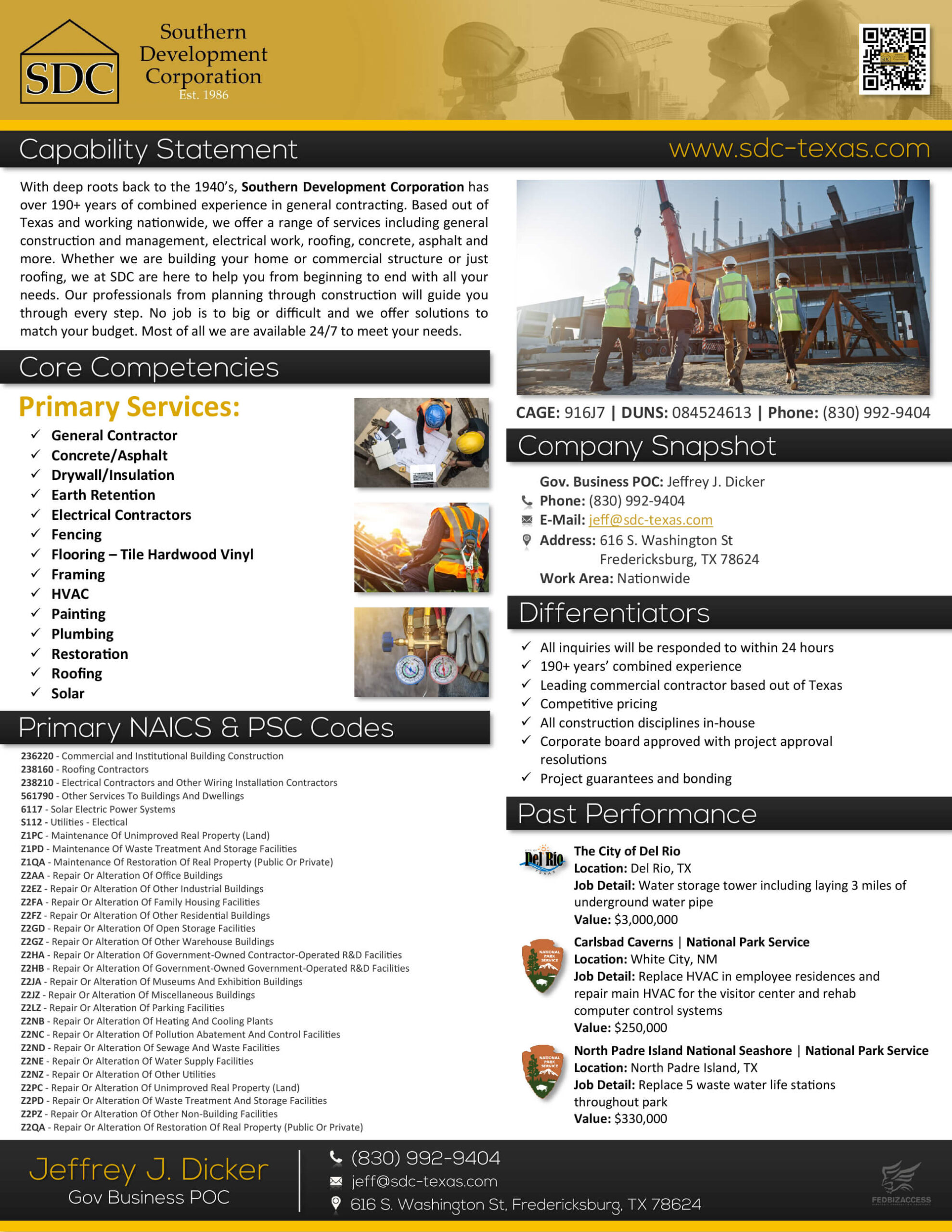 A construction company 's profile page with information about the services.